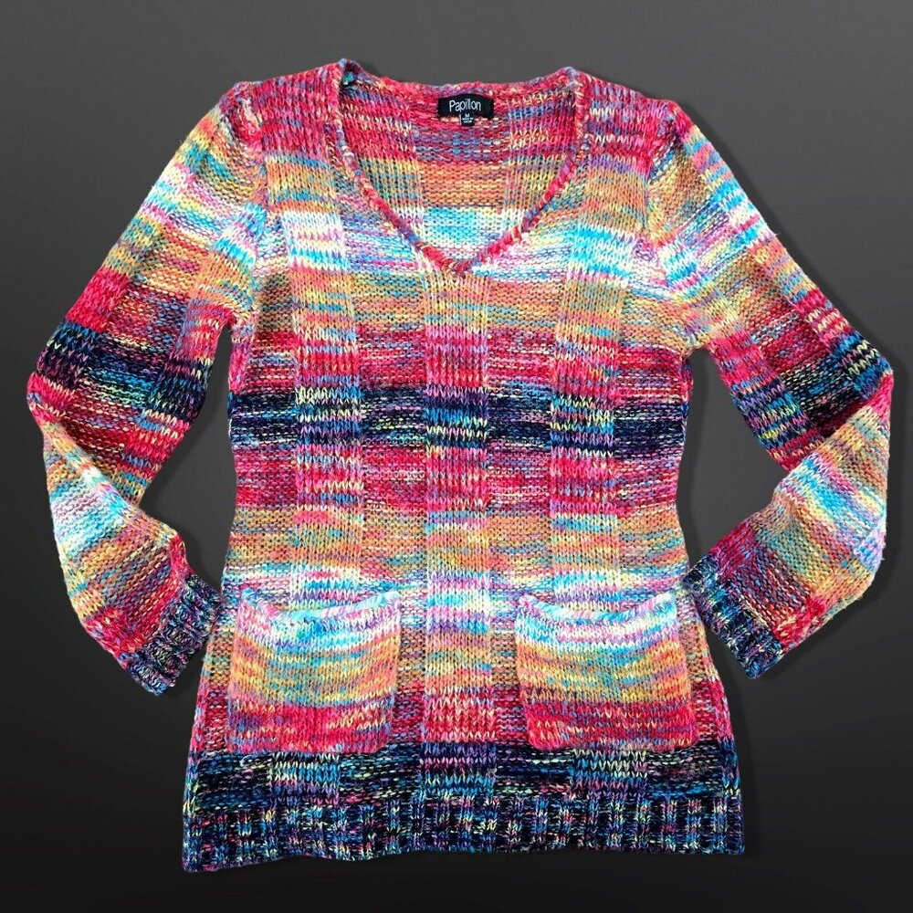 Y2K Colorful Rainbow Fairy Sweater Size M Boho Marled Striped Pockets Hip Length
